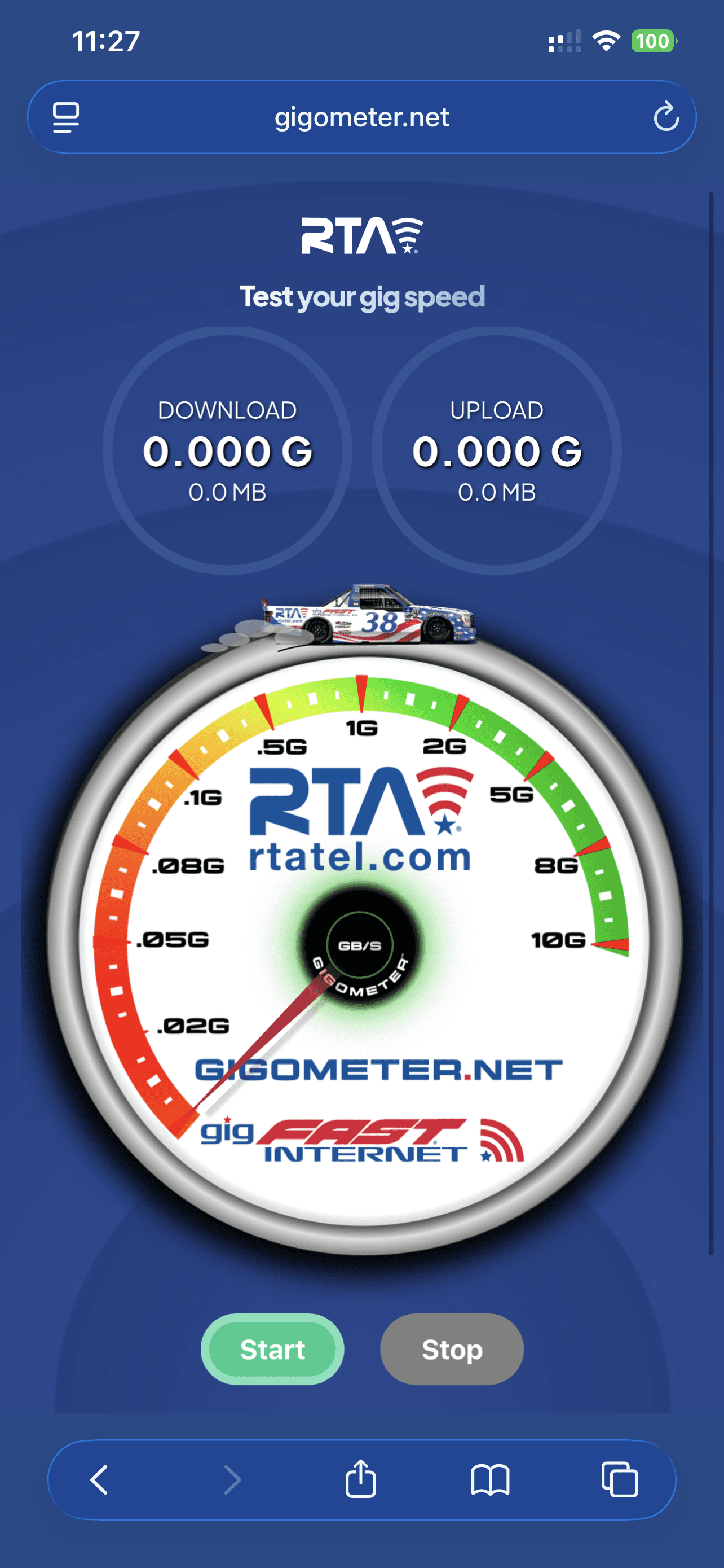 Gigometer.net speed test web application running in a mobile browser — branded internet speed dial UI with RTA and gigFAST logos, and the #38 NASCAR truck as a UI element