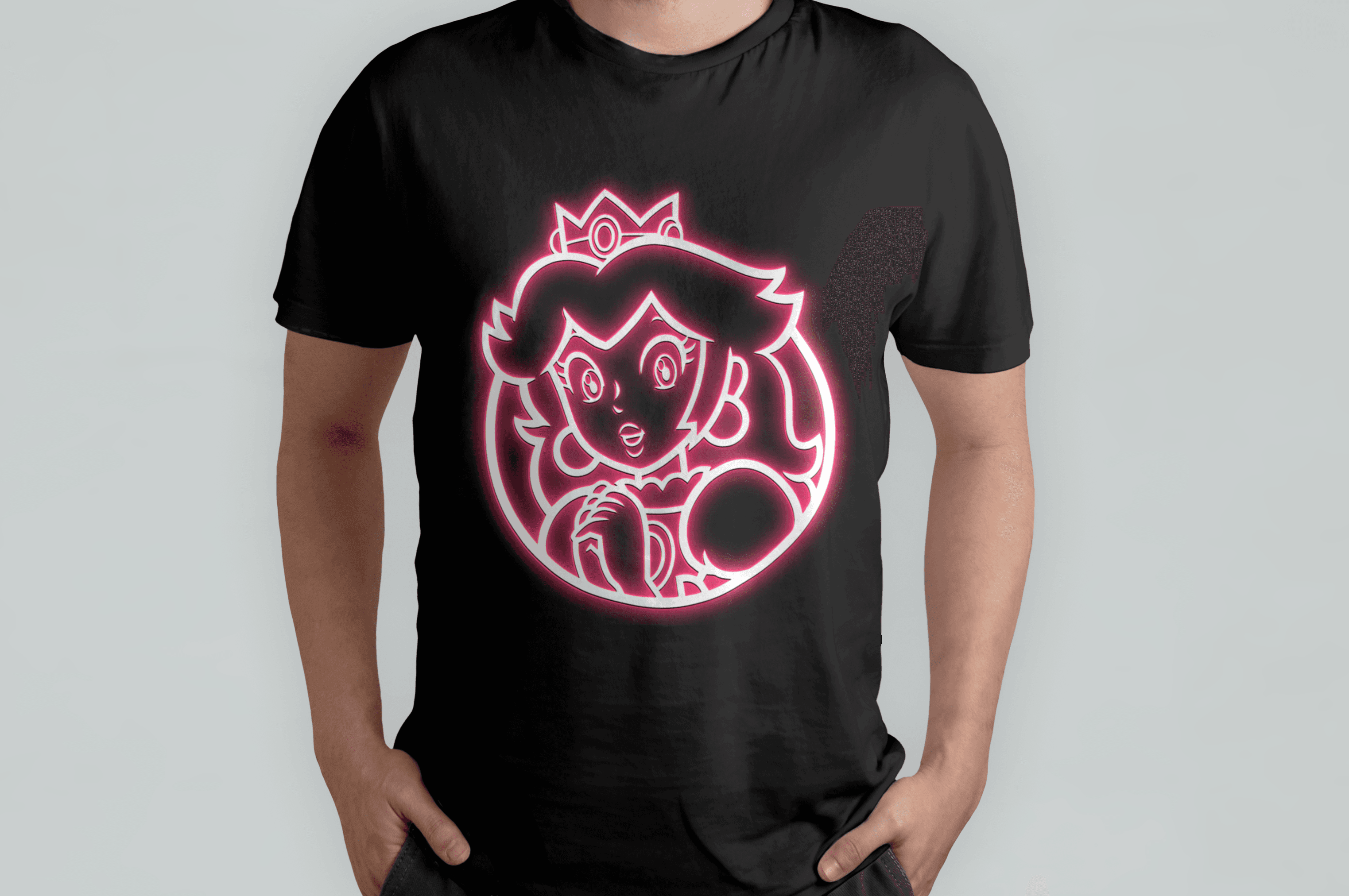 T-shirt mockup with illustrated character graphic on white tee